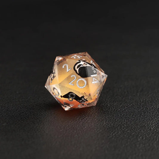 Detailed image of the animal dice d20 with black cat silhouette in the Liquid Core Dice Resin Set.