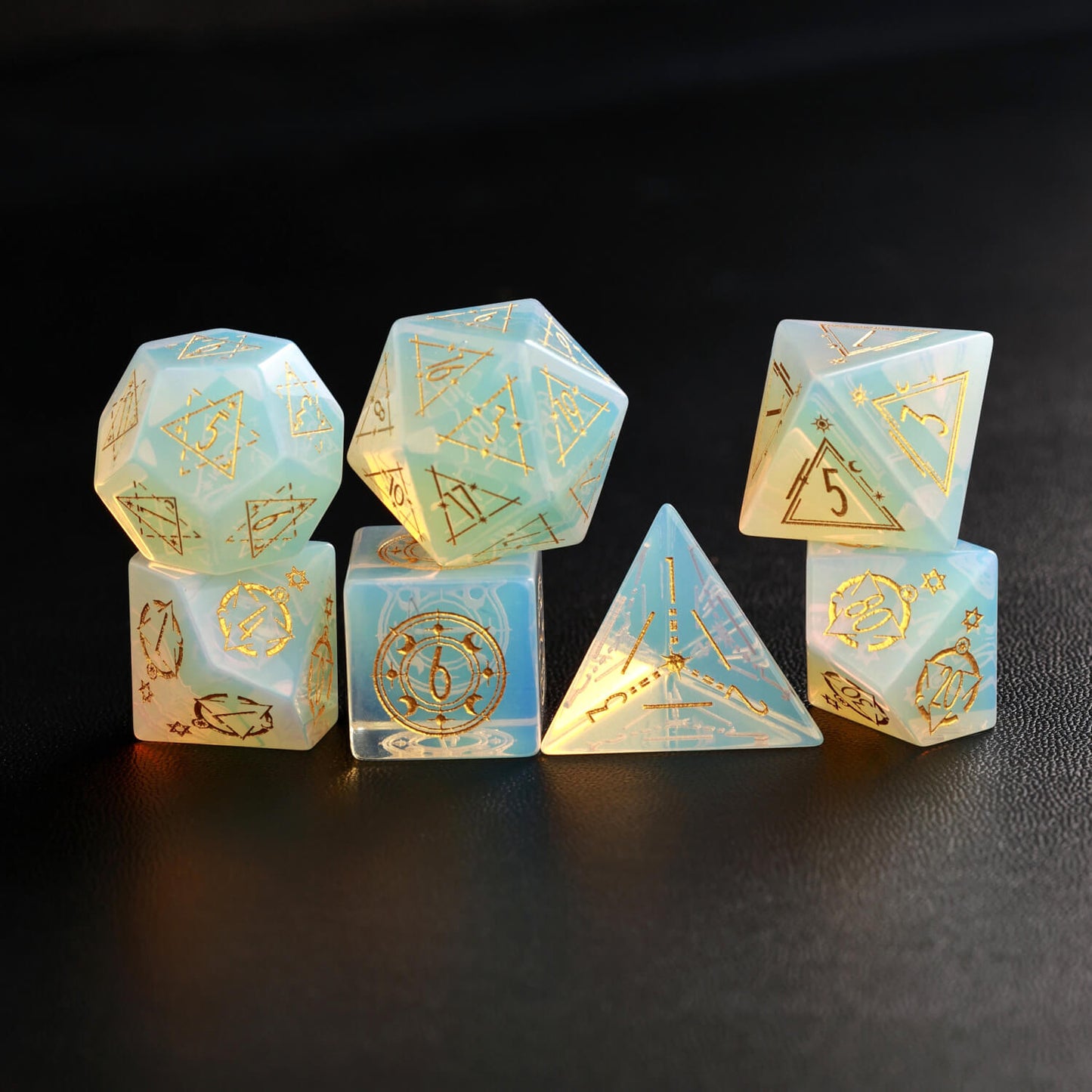 Green D&D Opalite Gemstone Engraved Dice Set