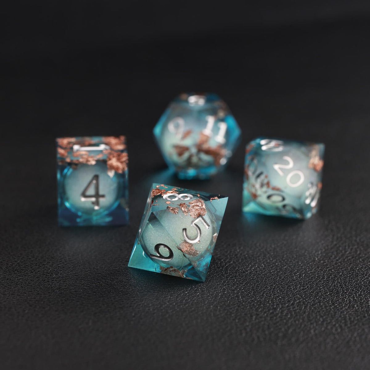Blue Copper Foil Liquid Core D8 resin dice for precise DND rolls and tabletop games