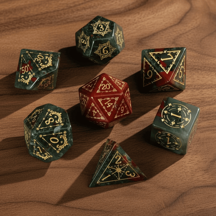 Arrangement of all seven polyhedral dice from the Bloodstone Gemstone Dice Set