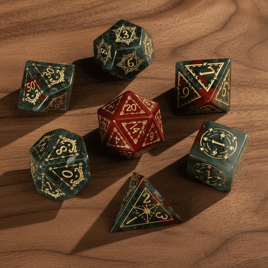 Arrangement of all seven polyhedral dice from the Bloodstone Gemstone Dice Set