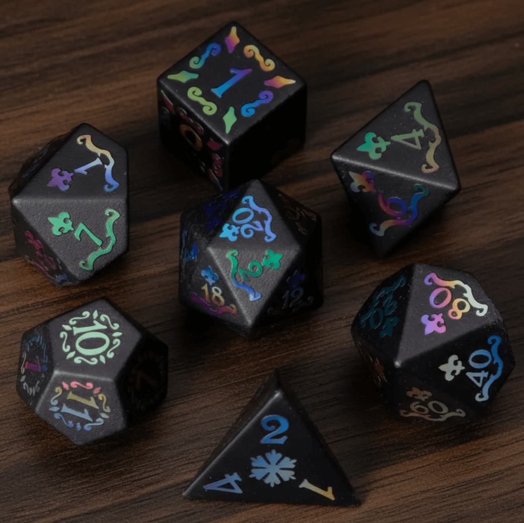Seven Black Obsidian Crown Gemstone DND Dice Sets are neatly arranged on a dark walnut tabletop.
