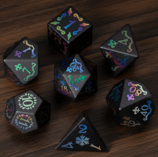 Seven Black Obsidian Crown Gemstone DND Dice Sets are neatly arranged on a dark walnut tabletop.