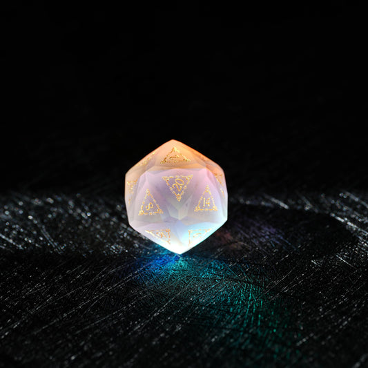 Top view of the seven-piece Frosted Aurora Opalite Glass Dice Set with d4, d6, d8, d10, d12 and d20