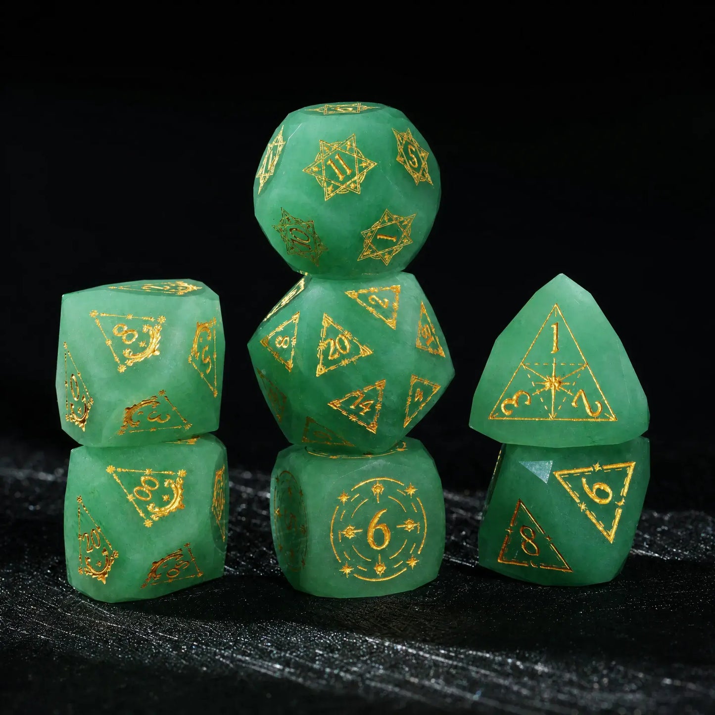 Top view of the seven-piece Celestial Green Aventurine Gemstone Dice Set with d4, d6, d8, d10, d12 and d20