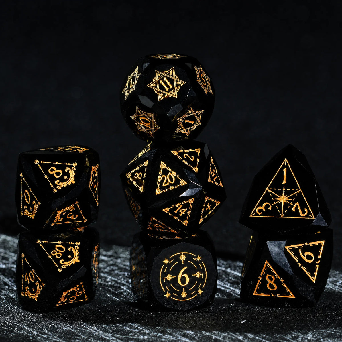 Top view of the seven-piece Celestial Black Obsidian Dice Set with d4, d6, d8, d10, d12 and d20