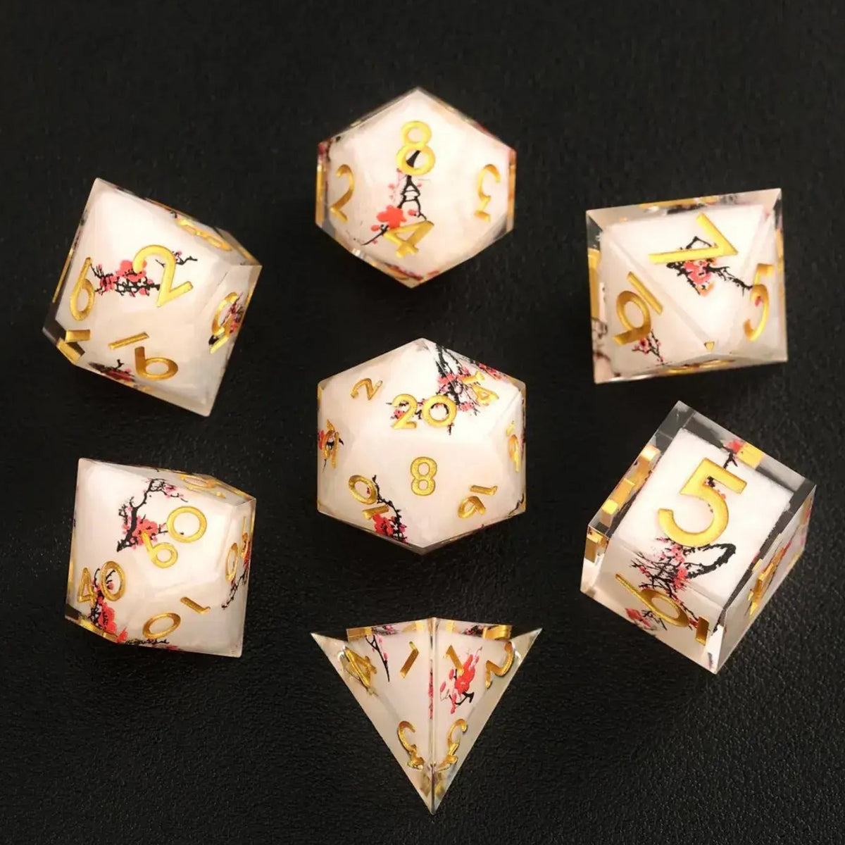 Full 7-piece Botanical Floral D&D Dice Set, featuring D4, D6, D8, D10, D%, D12, and D20, each with stunning floral designs.