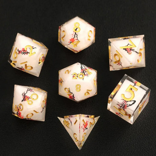 Full 7-piece Botanical Floral D&D Dice Set, featuring D4, D6, D8, D10, D%, D12, and D20, each with stunning floral designs.