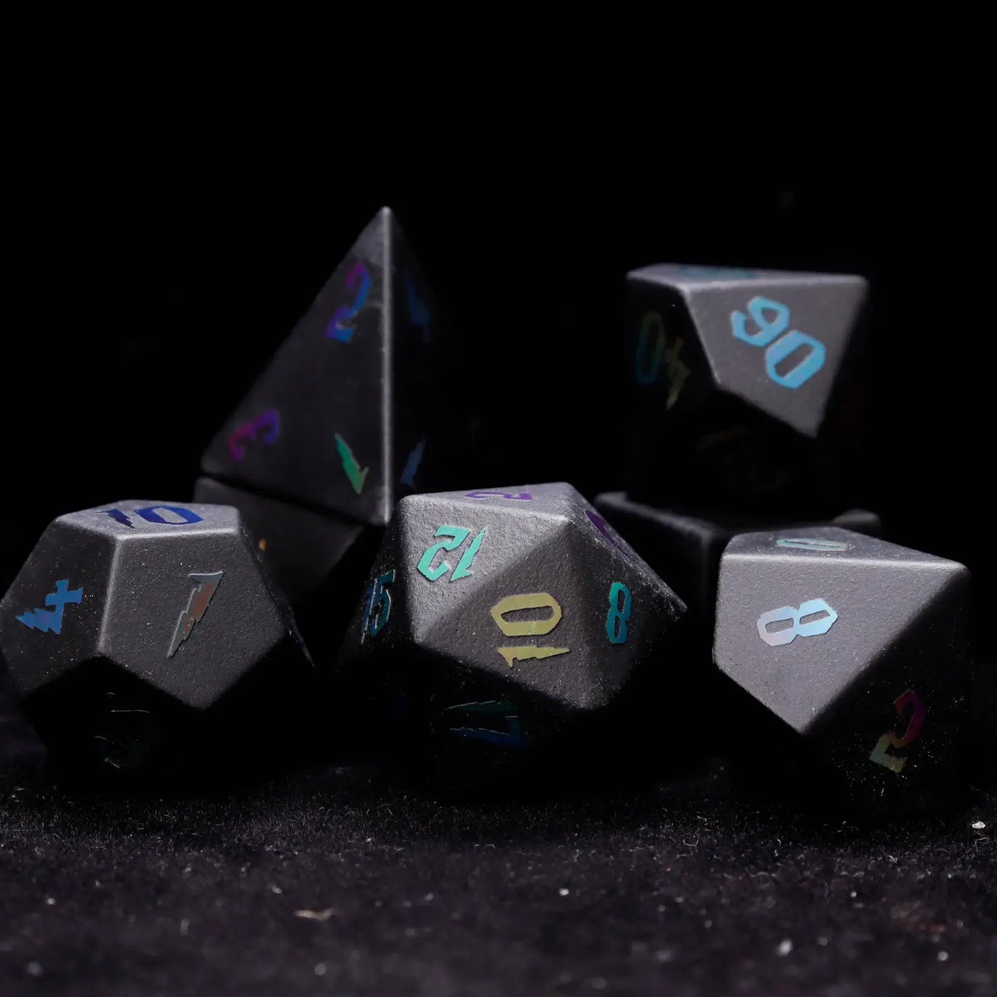 Complete 7-piece Black Obsidian Lightning DND Dice Set, including D4, D6, D8, D10, D%, D12, and D20, each showcasing a polished finish with lightning patterns.
