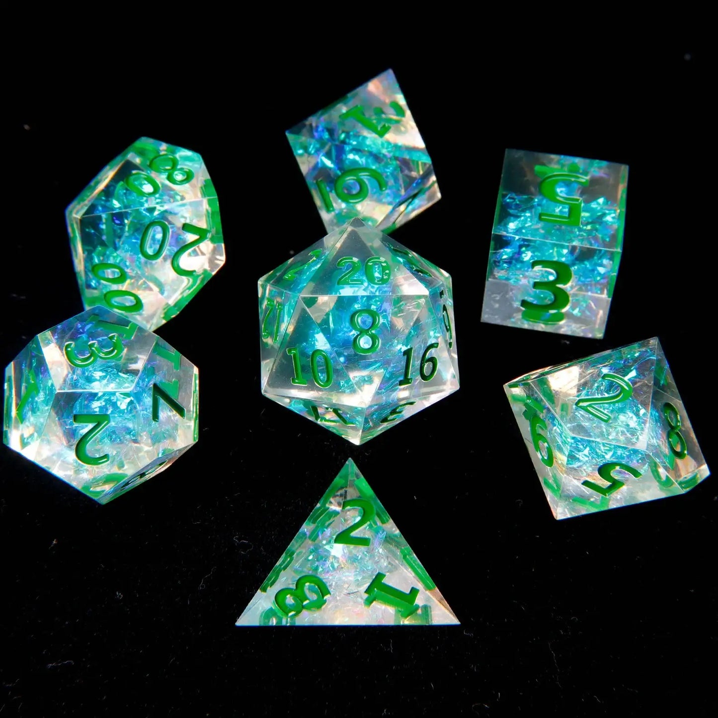 A complete 7-piece Green Sharp Edge DND Dice Set, including D4, D6, D8, D10, D%, D12, and D20, all with sharp edges and a vivid green finish.