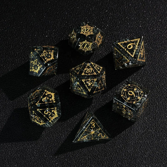 A complete set of translucent green, sharp-edged D&D dice, including D20, D12, D10, D%, D8, D6, and D4, showcasing their clarity and precise points.