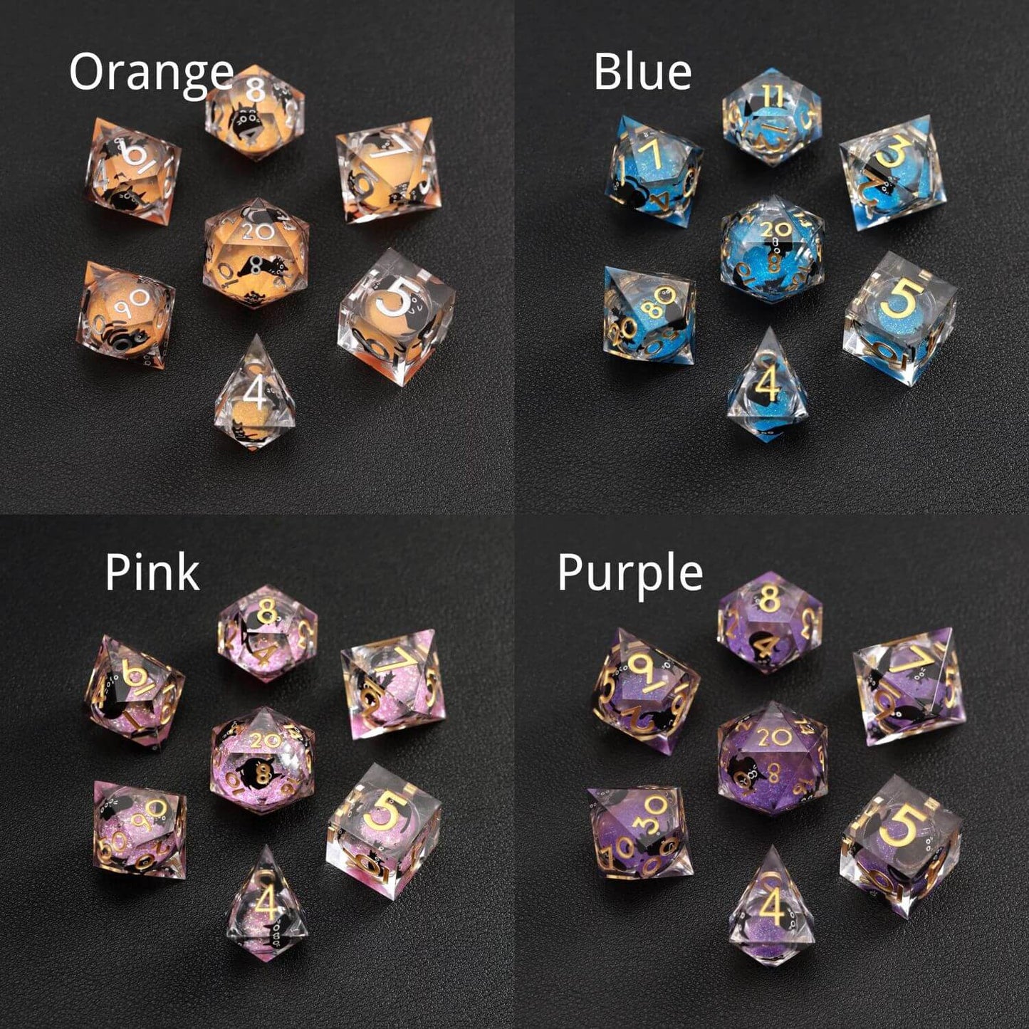 Multi-color (Orange, Purple, Pink, Silver) Liquid Core Dice Resin Set featuring the black cat animal dice design.