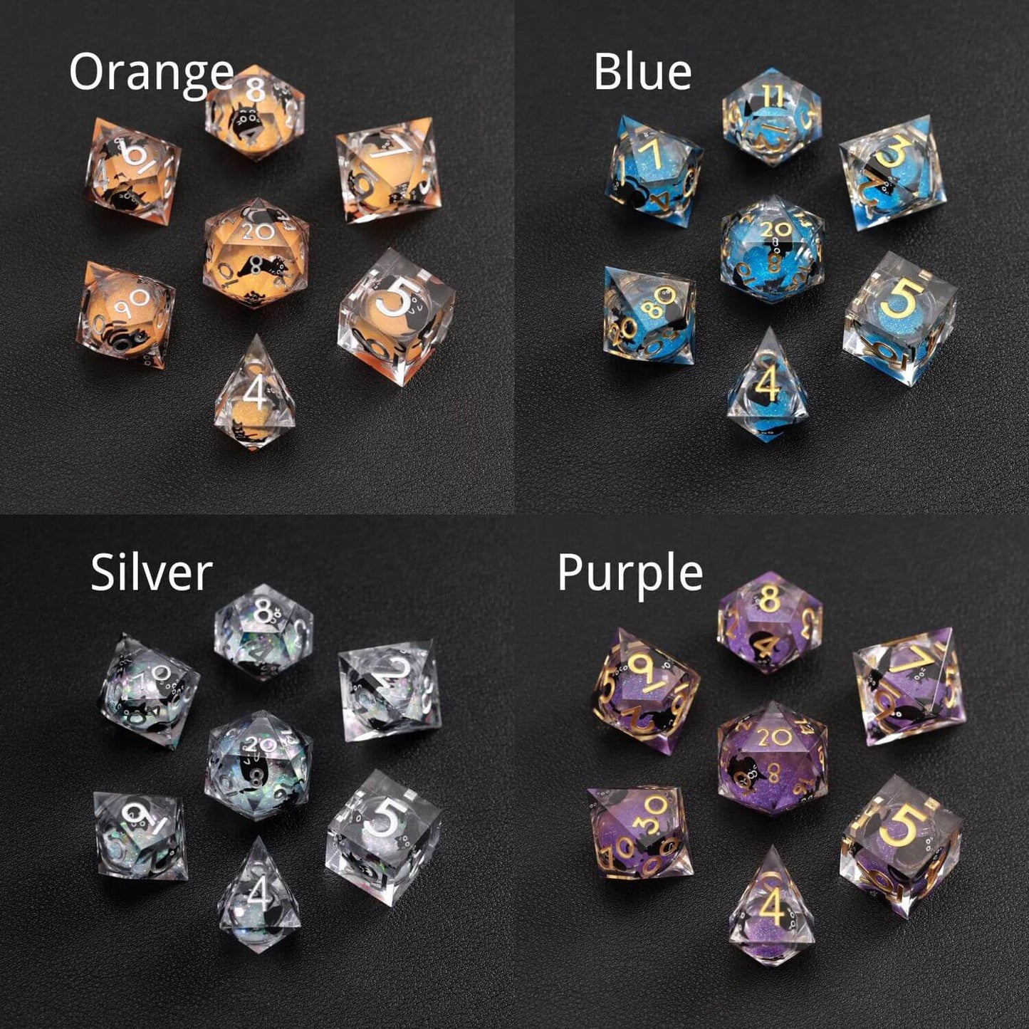 Multi-color (Orange, Purple, Blue, Silver) Liquid Core Dice Resin Set featuring the black cat animal dice design.