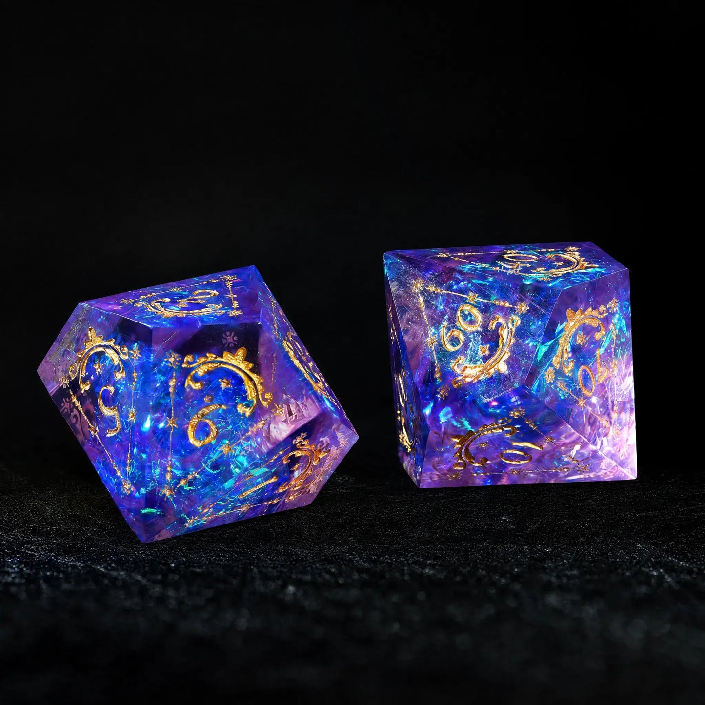 Purple Cosmic Foil Sharp Edge Resin Dice Set, close-up of two dice showing transparent purple resin