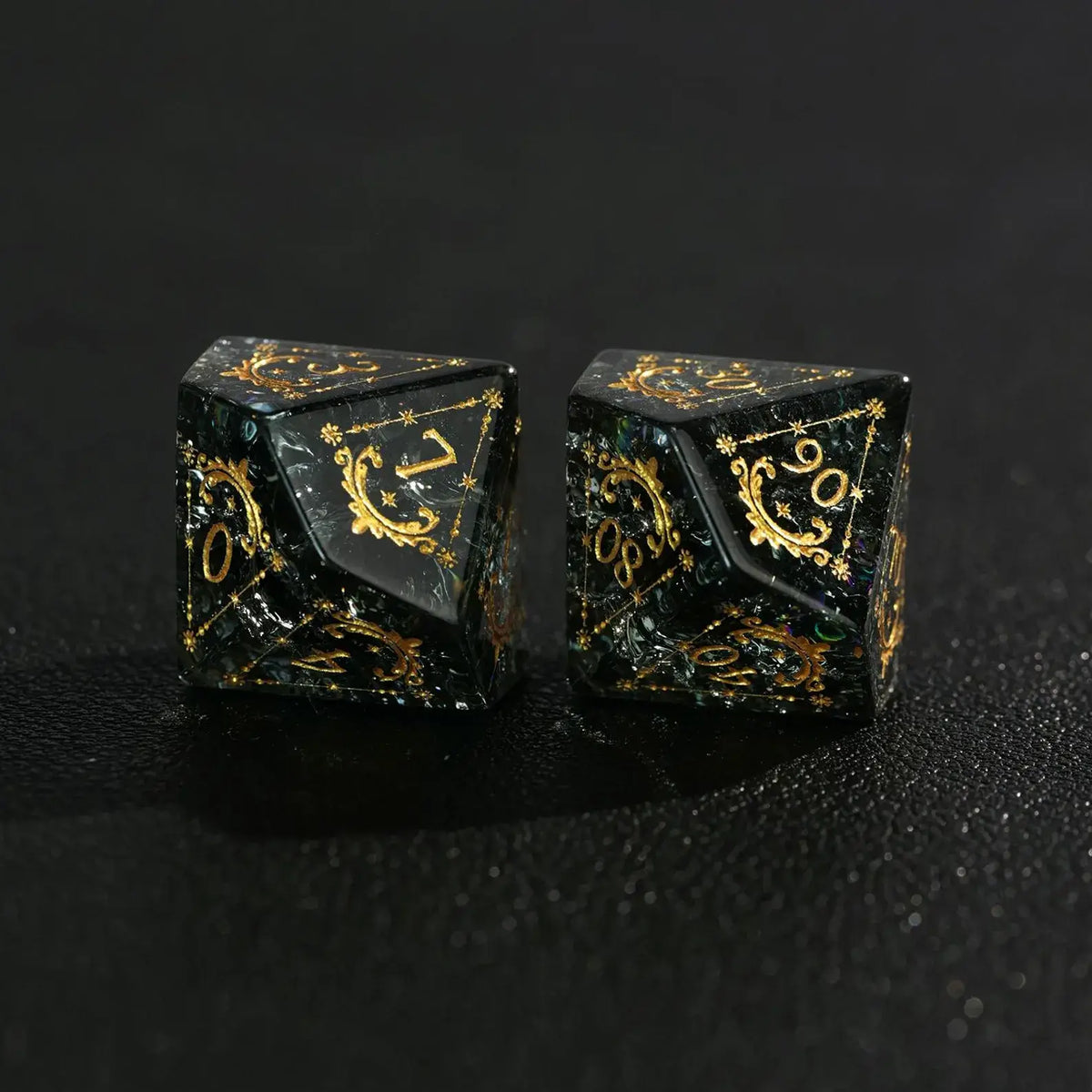 Detailed view of the pyramid-shaped D4 die, emphasizing its sharp edges and the crisp silver engraving of the number 4, showing the unique glass texture.