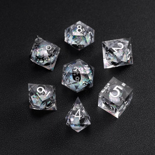 Full 7-piece Silver Swirl Liquid Core Dice Resin Set with a visible black cat animal dice figure.