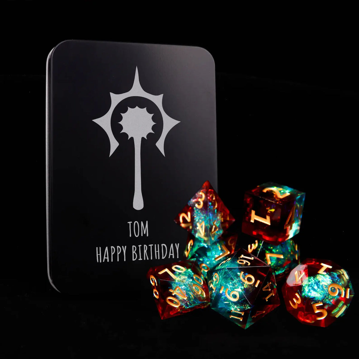 The complete URdice 7-piece engraved resin dice set presented inside a sleek, customizable metal storage box. Perfect for gift and collection.