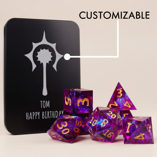 Creative tower stack of D6 dice from the set, demonstrating their sharp edges and mesmerizing holographic color shift.