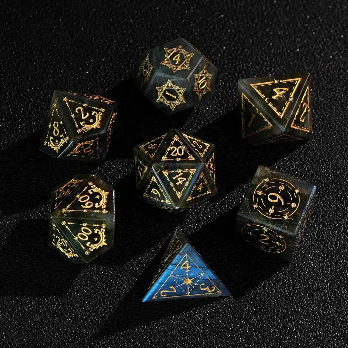 Blue Labradorite Gemstone DND Dice Set made from genuine Lapis Lazuli, showing the complete 7-piece collection and deep indigo color.