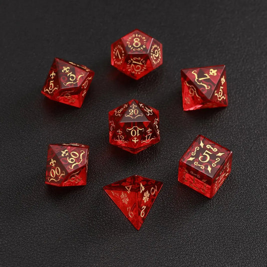Collector-grade Red Garnet D20 with dramatic lighting on a pure black background, highlighting its luxury status.