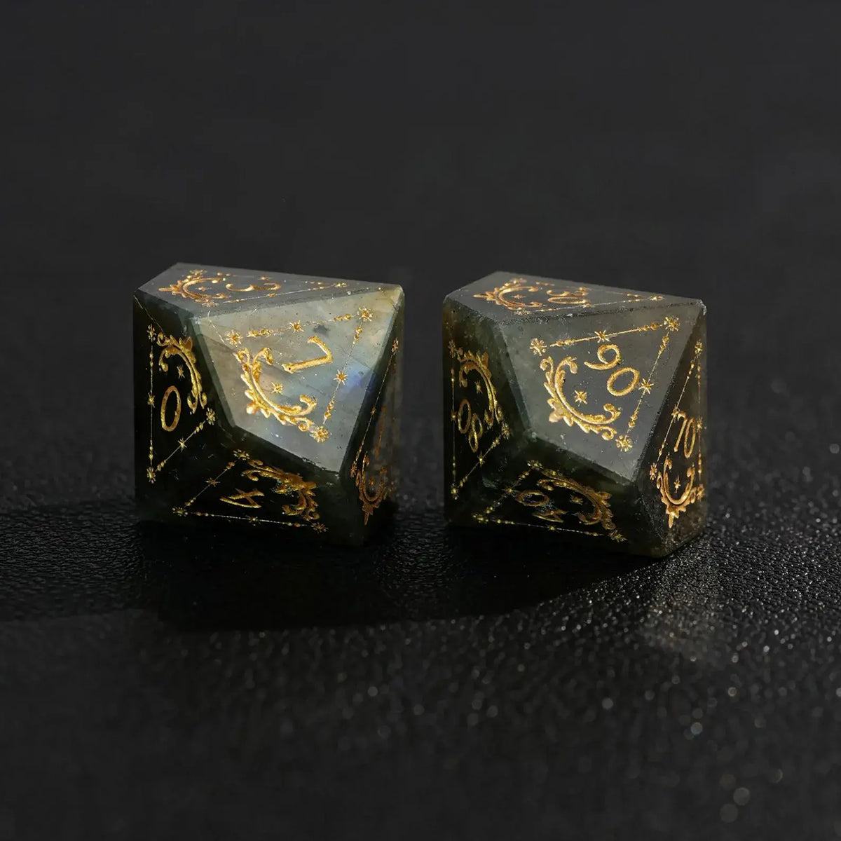 Lighting shot of the Blue Labradorite gemstone DND Dice Set emphasizing the rich sapphire hue and polished luster of the Lapis Lazuli.