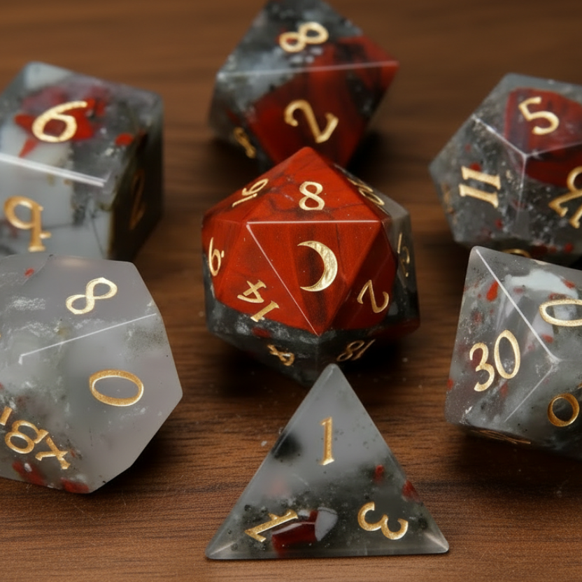 Complete D&D Grey Bloodstone Gemstone Engraved Dice Set displayed on a walnut wood table.