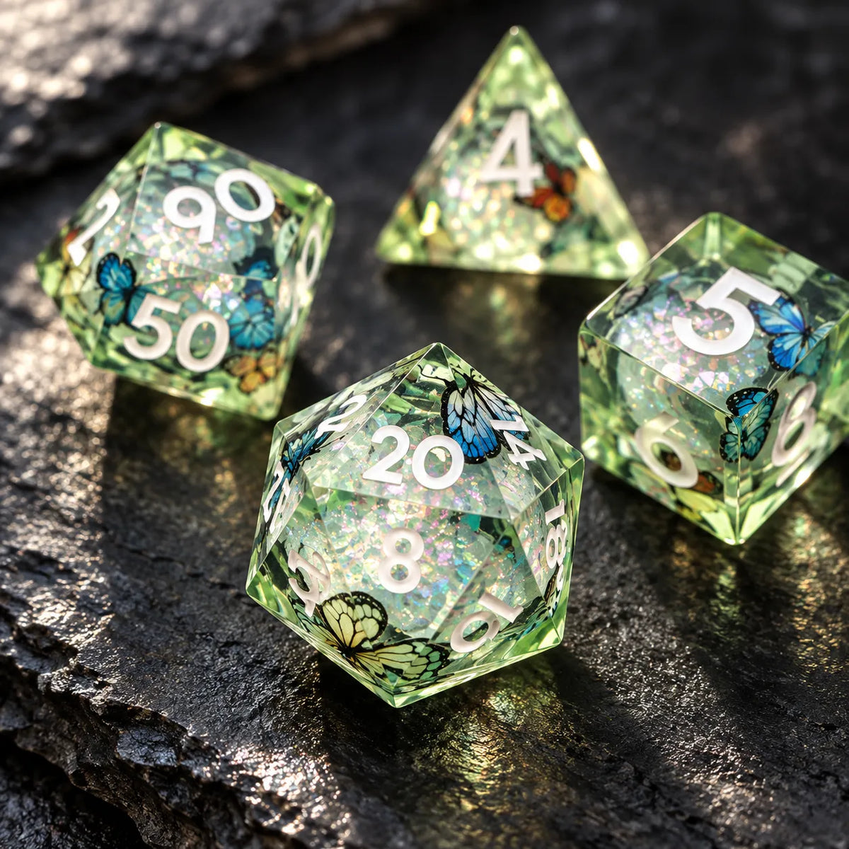 Green Butterfly Sharp Edge Resin DND Dice Set