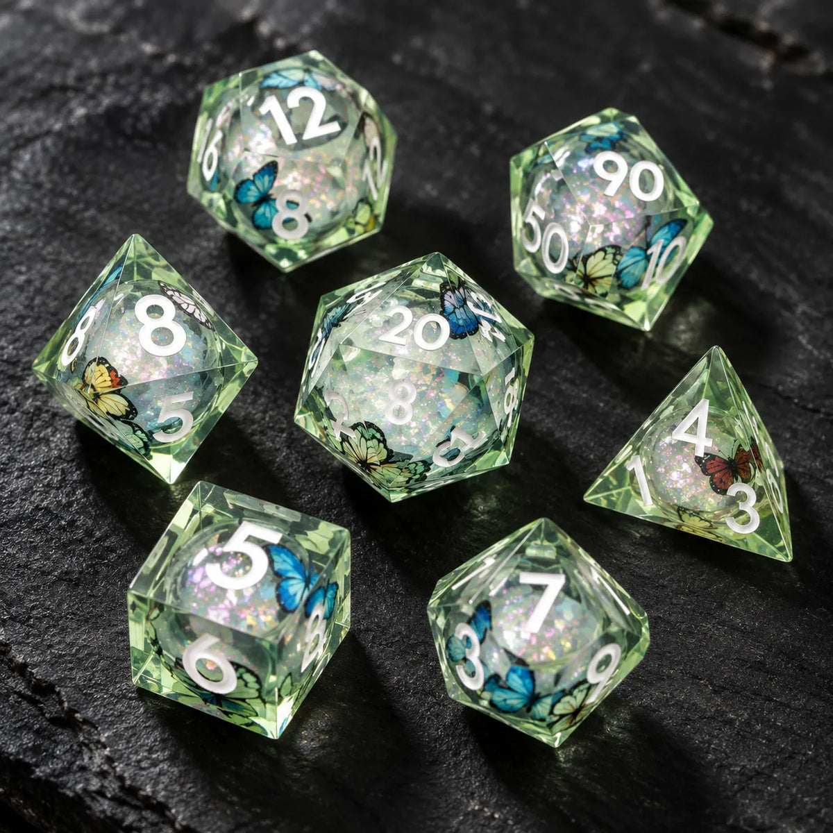 Green Butterfly Sharp Edge Resin DND Dice Set