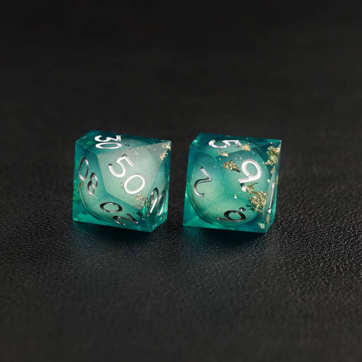 Green Copper Foil Liquid Core D8 resin dice for precise DND rolls and tabletop games