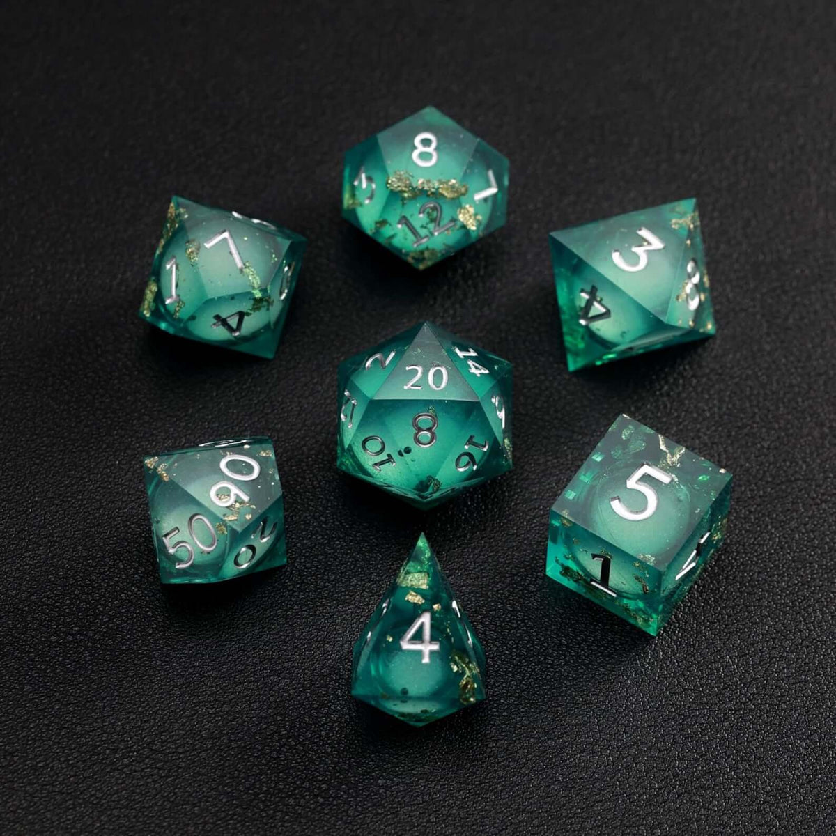 Green Copper Foil Liquid Core DND Resin Dice 7-piece full set for RPG, DND gameplay