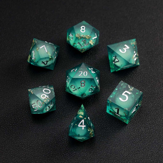 Green Copper Foil Liquid Core DND Resin Dice 7-piece full set for RPG, DND gameplay