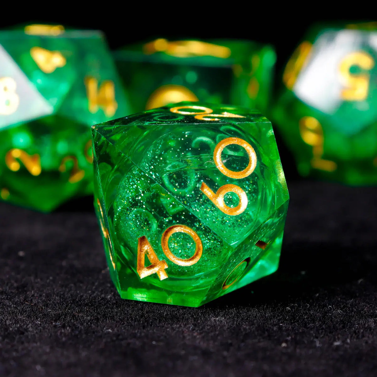 The subtle glow reflected by the green liquid core dice in a dim gaming room, creating a mysterious dungeon atmosphere.