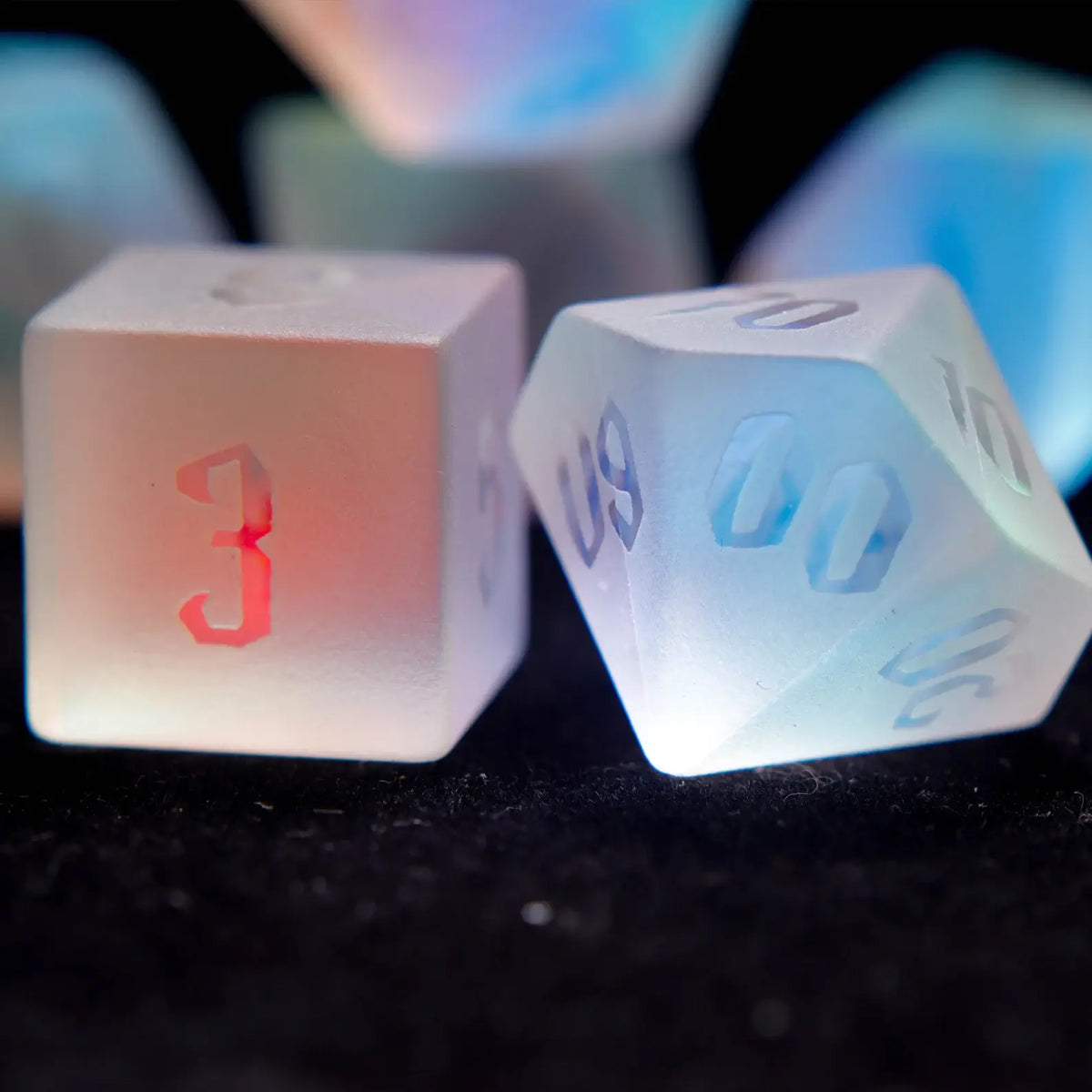 Matte prism glass dice captured under bright natural light, demonstrating number visibility and light interplay in well-lit environments.