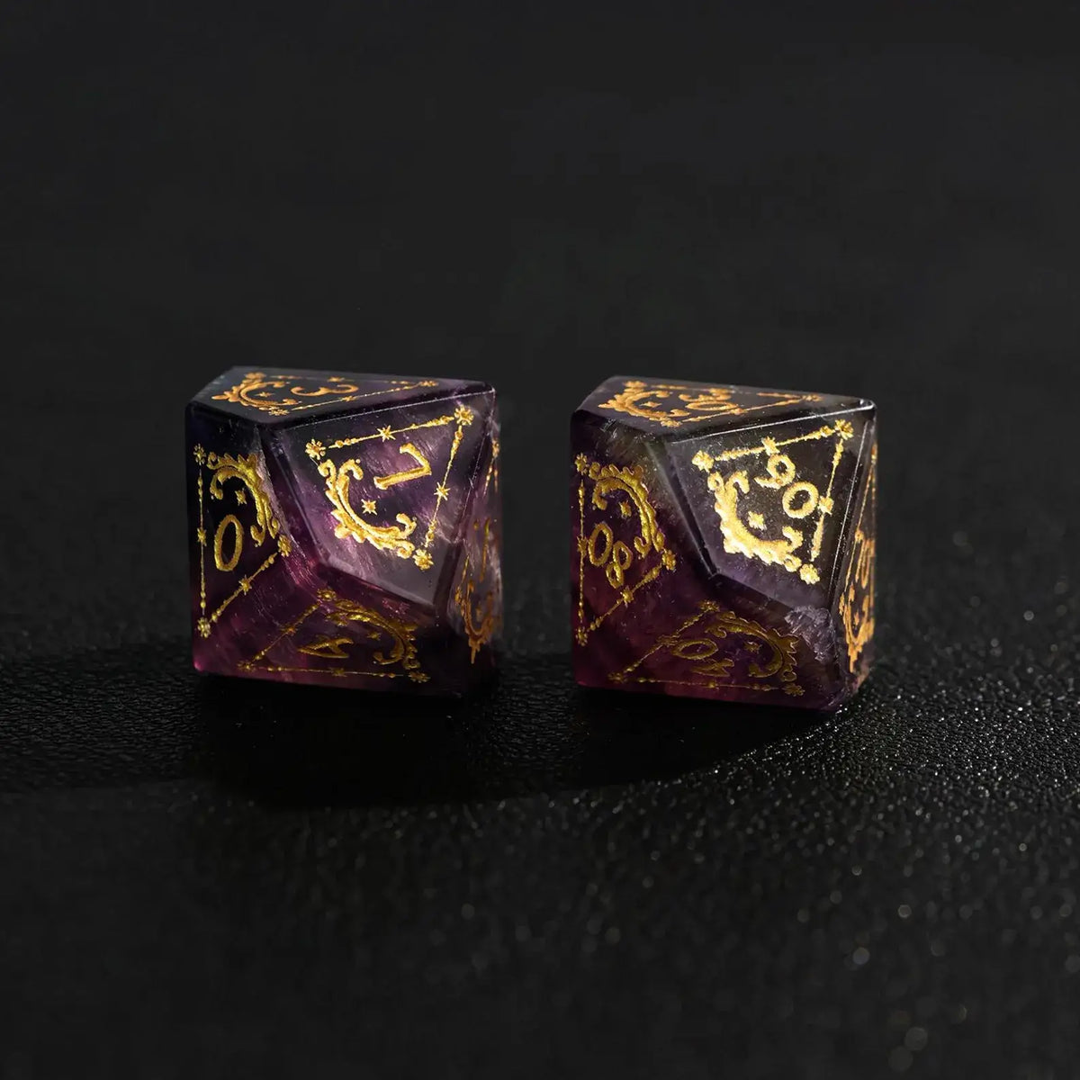 Shot of the Purple Fluorite DND Dice Set emphasizing the unique internal crystalline structure and natural vein patterns.
