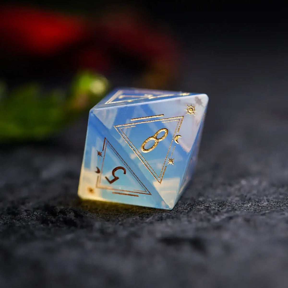 A photo capturing the unique opalescent shimmer and depth of the opalite material, highlighting its gemstone beauty and celestial aesthetic.