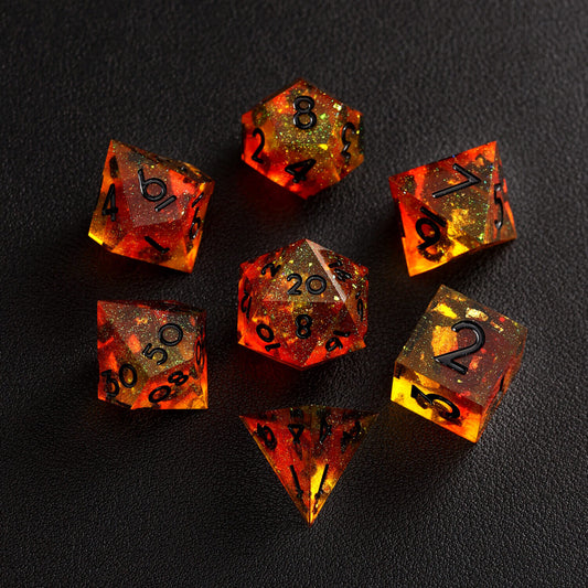 Action shot of orange red DND dice rolling, highlighting sharp edges and vibrant colors