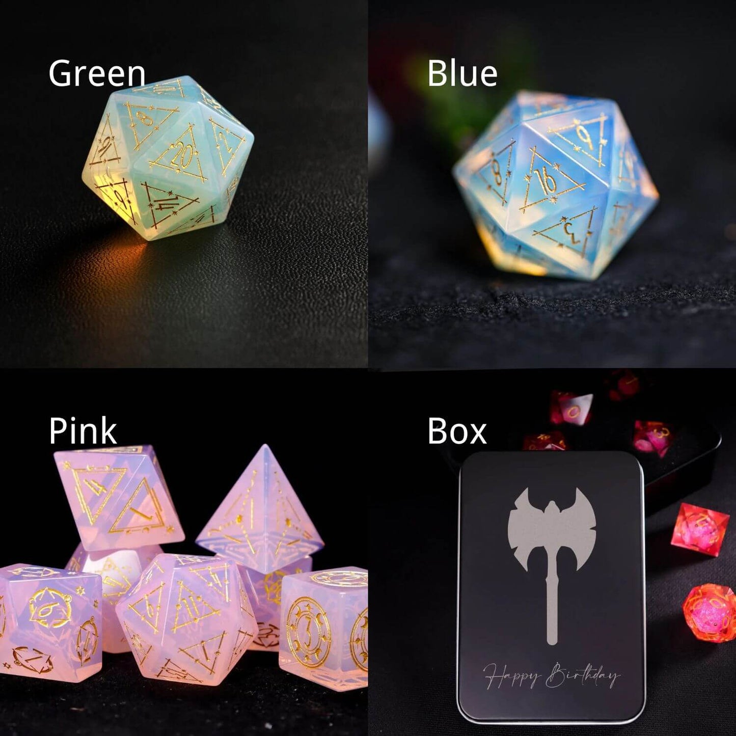 Pink carved opal DND dice set displayed with matching storage box