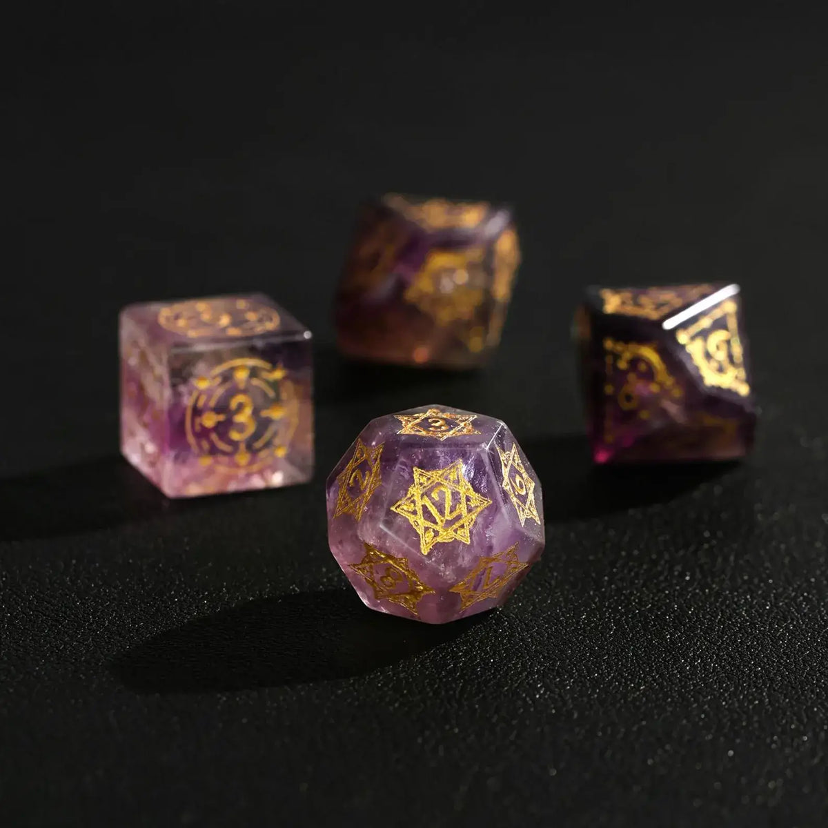 The Purple Fluorite DND Dice Set resting on a game map, ready for a Dungeons and Dragons (D&D) adventure.