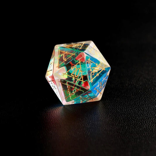 Vibrant rainbow glass D20 D&D dice with sharp edges, ideal for RPG dice rolls