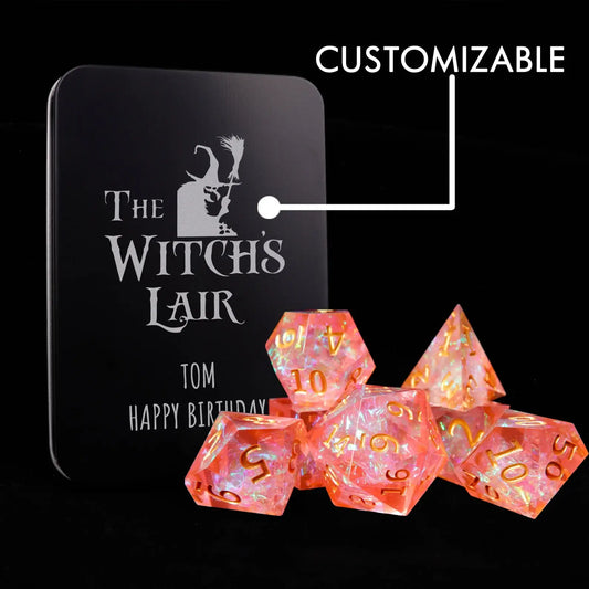Sharp Edge D&D Dice Set featuring a holographic orange-pink sunset shift