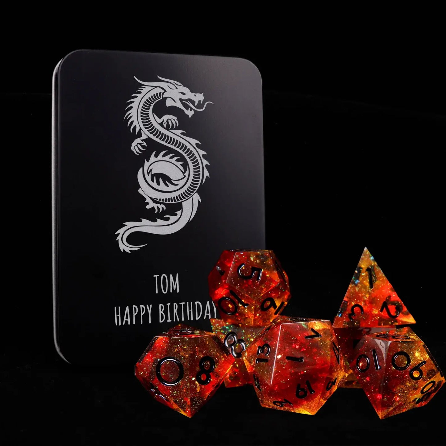 Gift-ready presentation of URdice Holographic Orange D&D Dice Set in an elegant box, open to display the complete collection for a birthday or holiday gift.