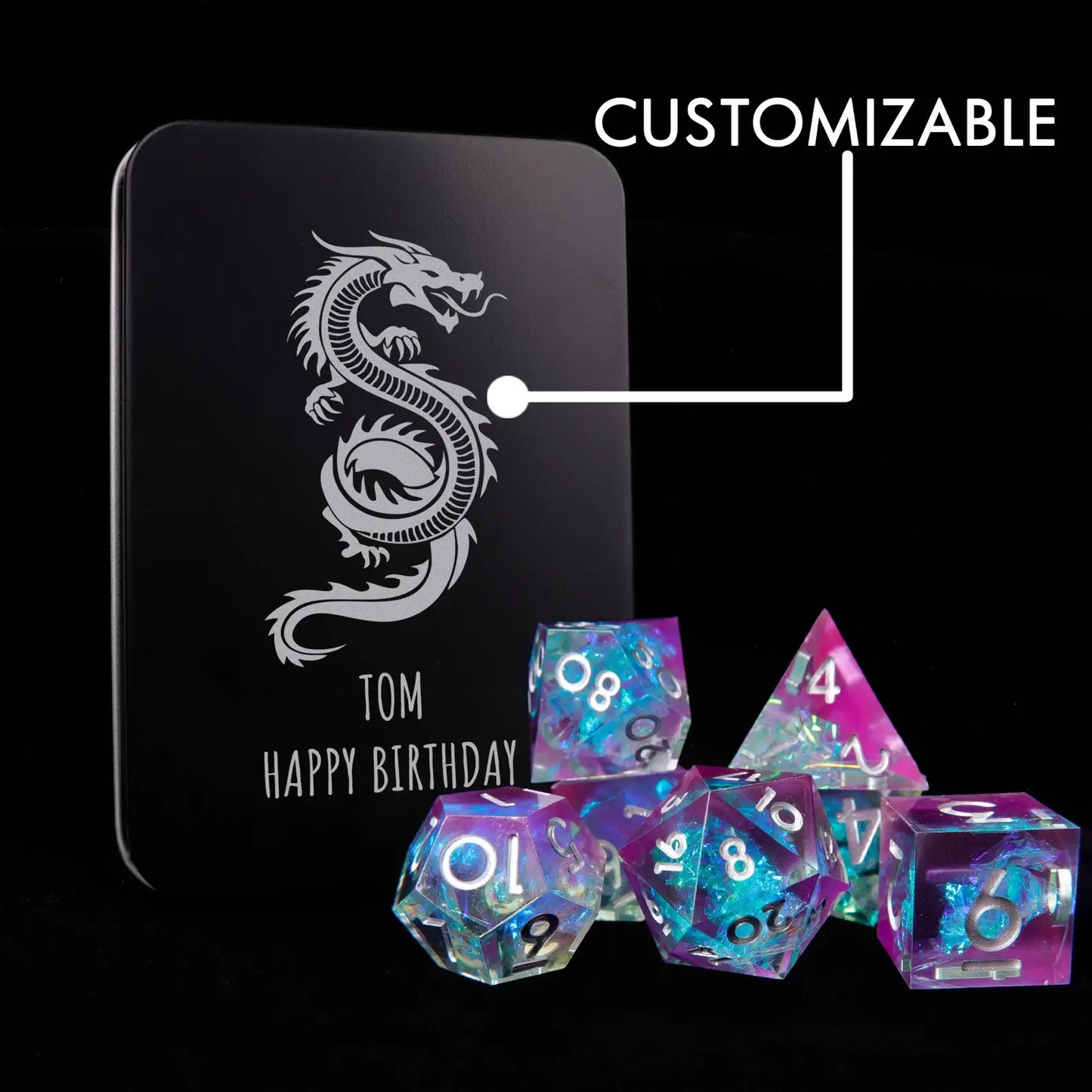 Product display showing the holographic dice neatly arranged inside the open, engraved metal case.