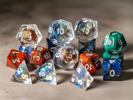 A vibrant collection of polyhedral D&D dice featuring transparent glitter resin, liquid core, and gemstone sets – perfect for beginners choosing between practical gameplay and collectible dice from URdice.