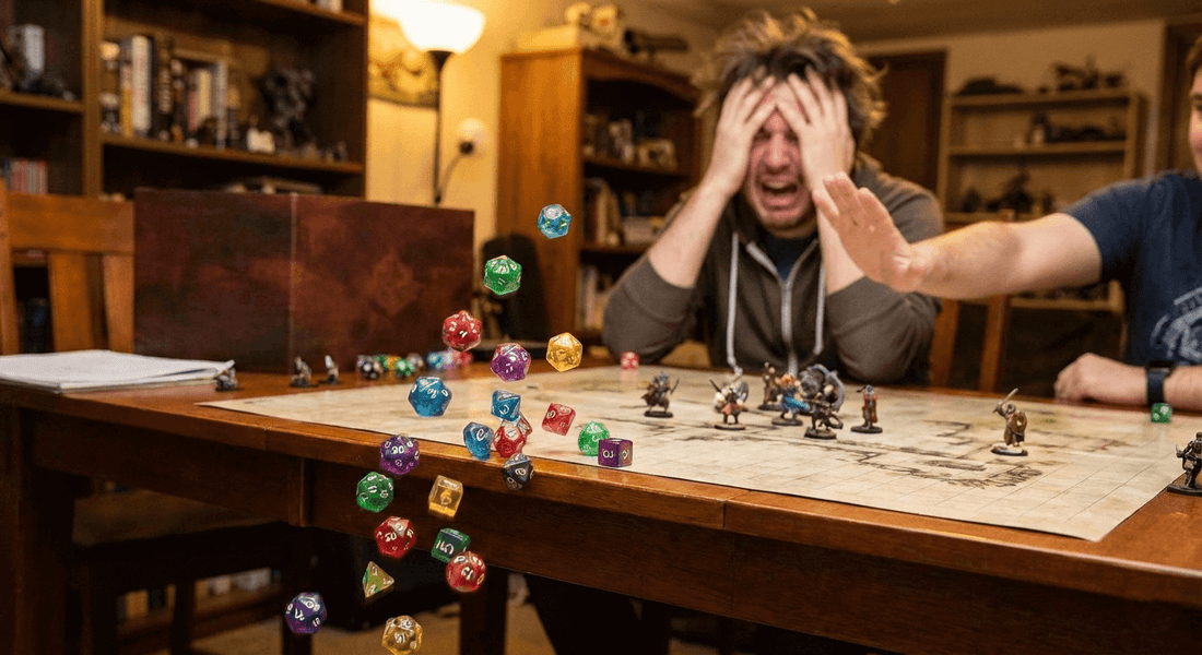 2026 D&D dice pain points banner: frustrated Dice Goblin watching polyhedral dice roll off gaming table in chaotic mess