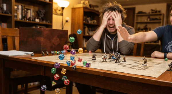2026 D&D dice pain points banner: frustrated Dice Goblin watching polyhedral dice roll off gaming table in chaotic mess