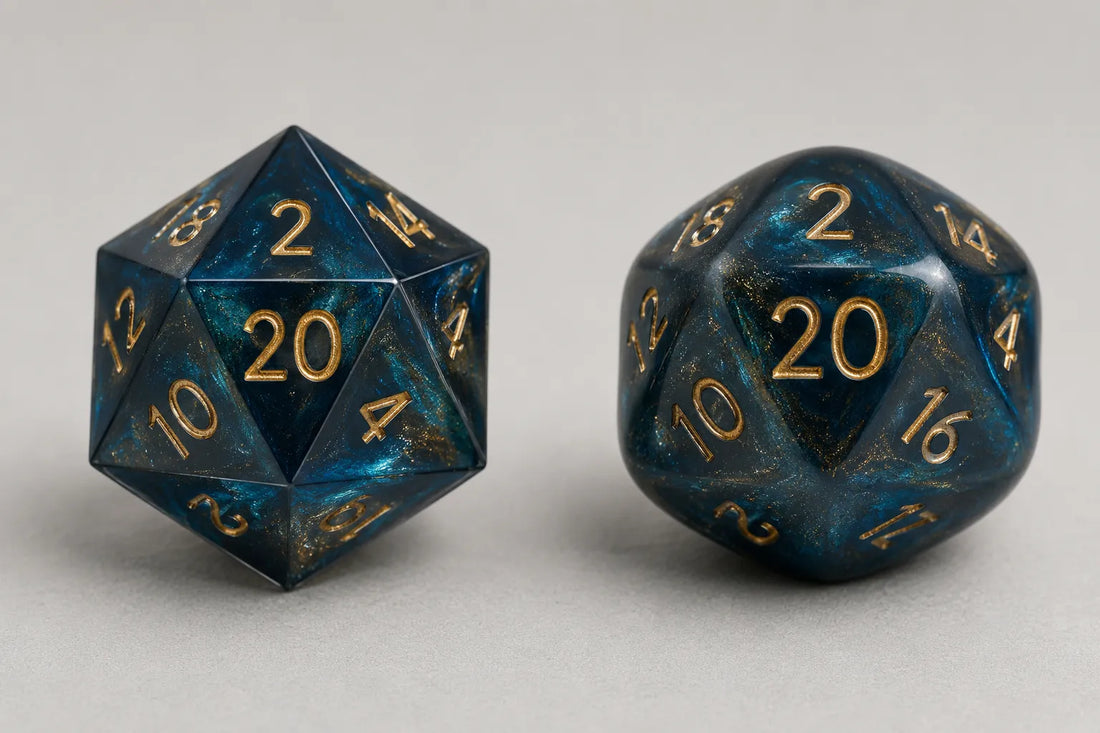 Sharp-edge and rounded resin DND dice sets compared on a felt tray. 1800 x 1200