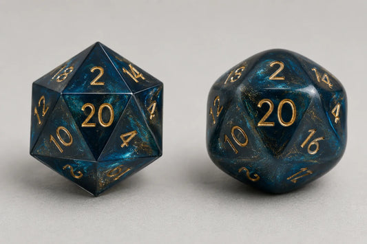 Sharp-edge and rounded resin DND dice sets compared on a felt tray. 1800 x 1200
