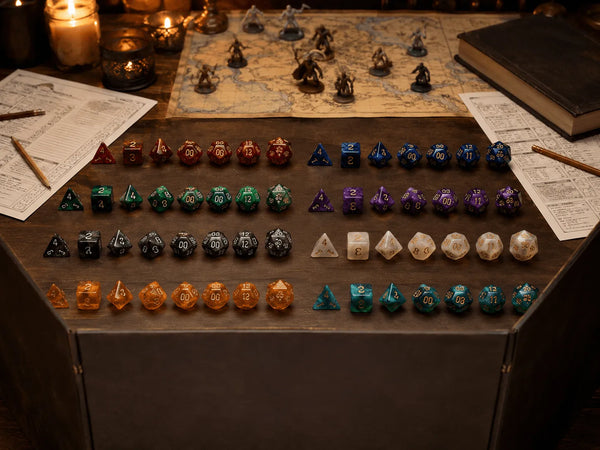 Multiple DND dice sets arranged behind a Dungeon Master screen for a tabletop RPG session