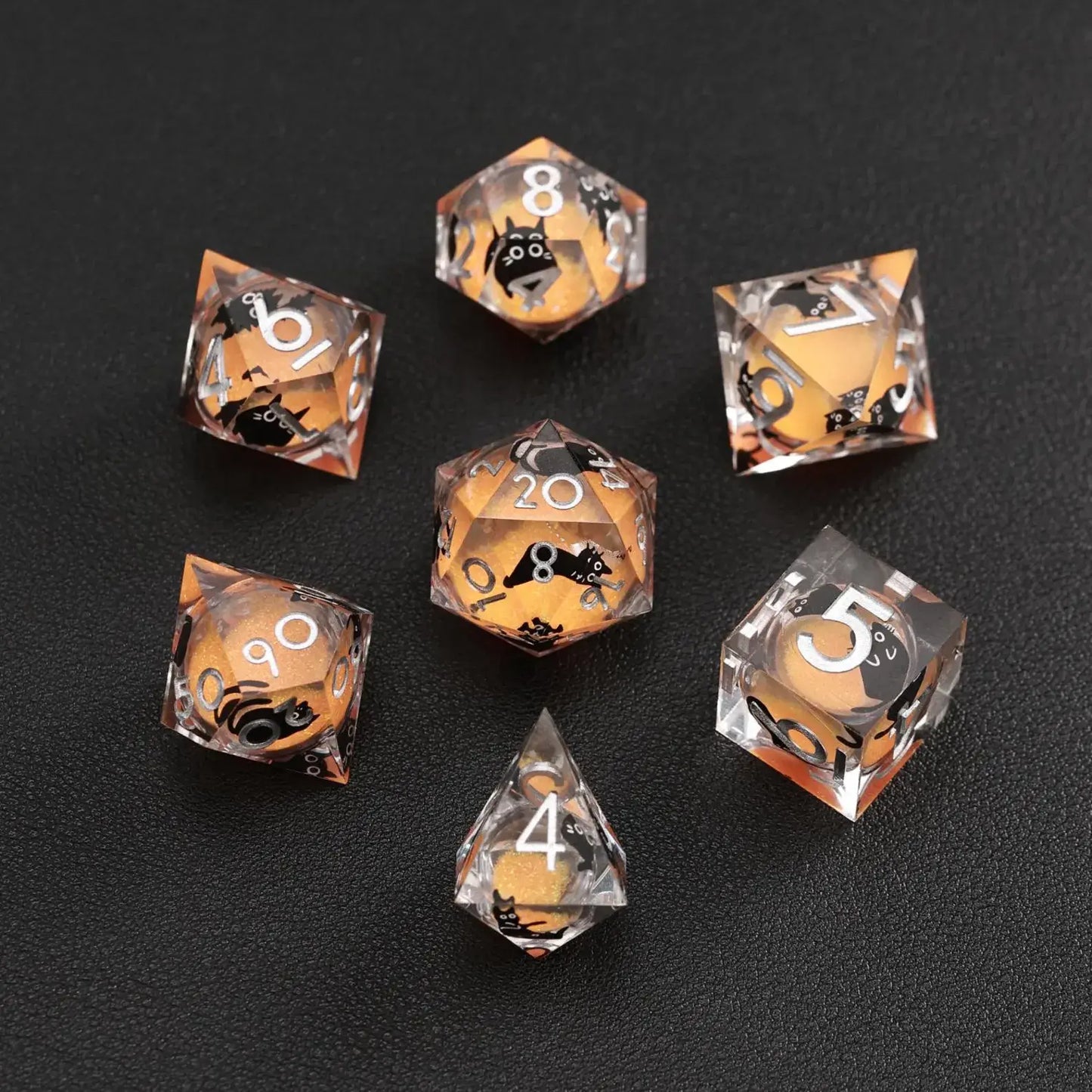 Orange Swirl Liquid Core Dice Resin Set featuring a black cat animal dice design.