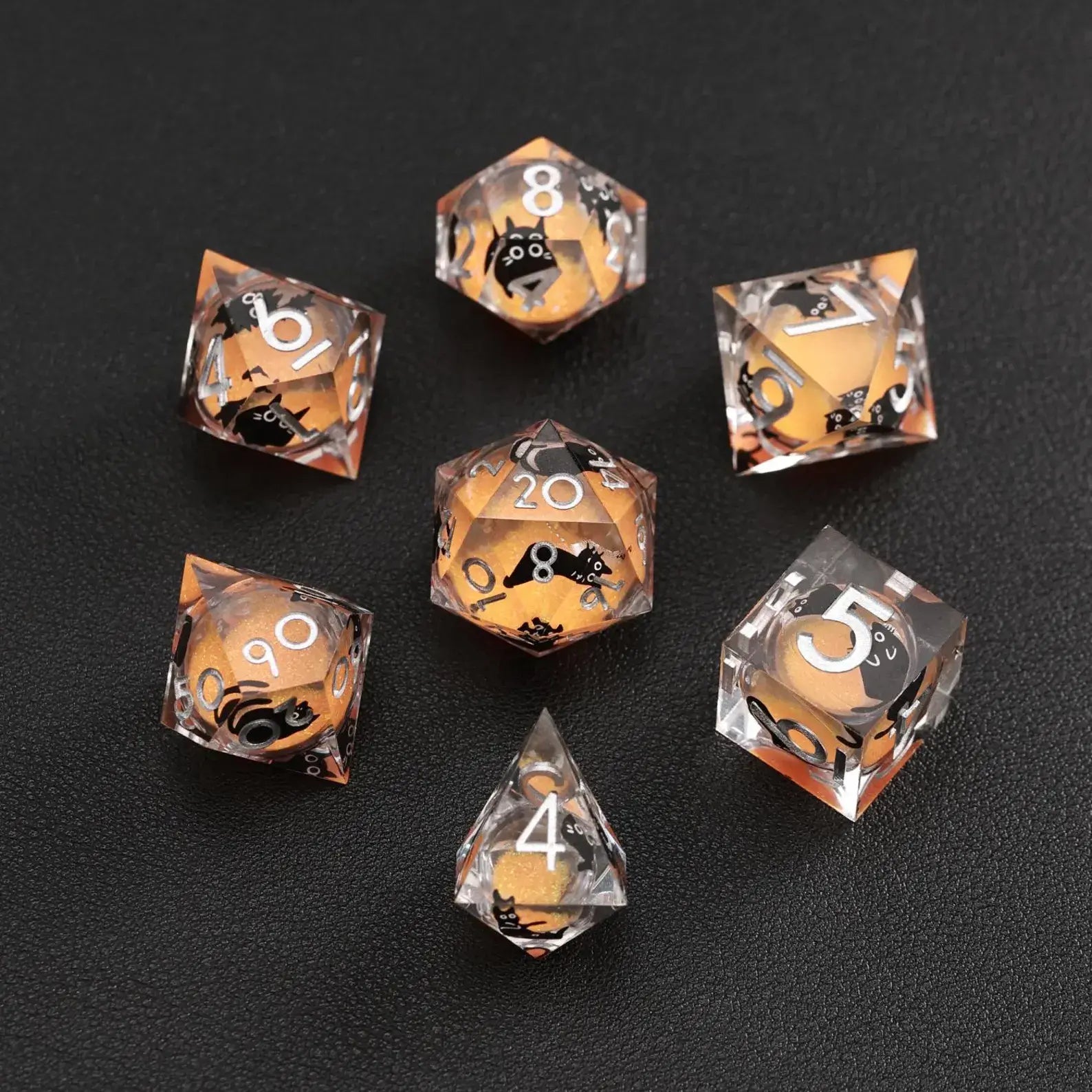 Orange Swirl Liquid Core Dice Resin Set featuring a black cat animal dice design.